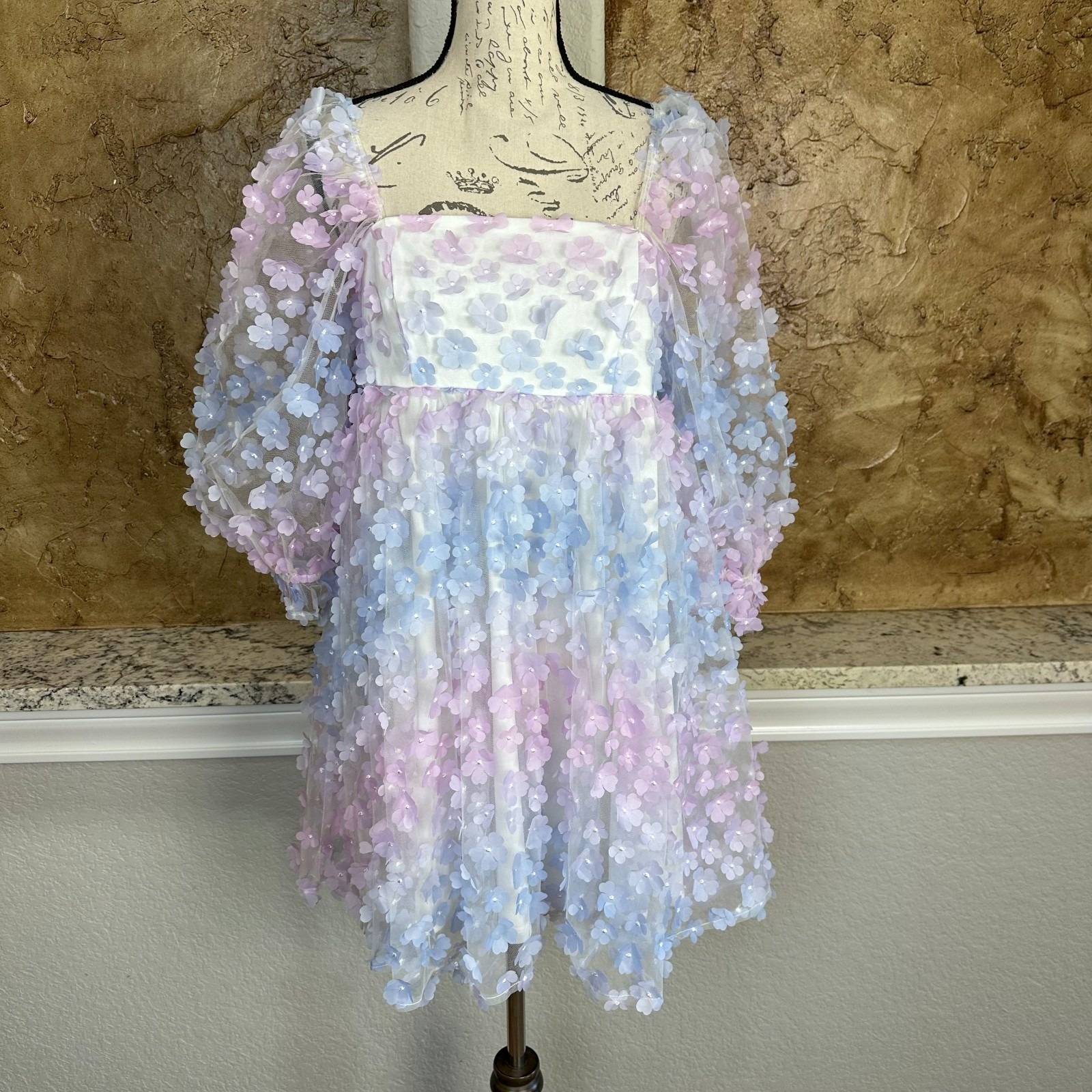 Nwt Storia Babydoll Mini Dress Women Medium Floral Tulle Puff Sleeve Purple Pink